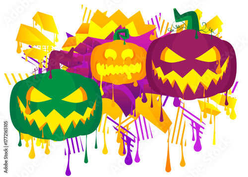 Halloween pumpkin, Jack O' Lantern graffiti. Abstract modern street art decoration performed in urban painting style.