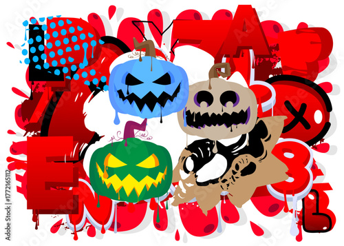 Halloween pumpkin, Jack O' Lantern graffiti. Abstract modern street art decoration performed in urban painting style.