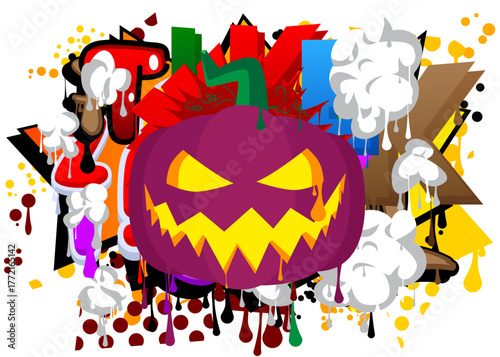Halloween pumpkin, Jack O' Lantern graffiti. Abstract modern street art decoration performed in urban painting style.