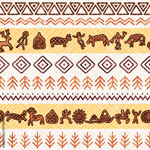 Seamless pattern, rock paintings and geometric ornament, naive art, petroglyph pattern, ethnic background, vector design