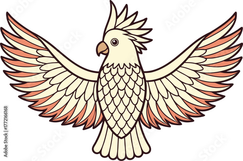 Colorful Cockatoo Bird Illustration. Exotic Cacatuidae Parrot Artwork. Tropical Cockatoo Bird Design. Beautiful Parrot with Crest Feathers. Wild Cockatoo Bird Drawing. Elegant Cacatuidae Bird