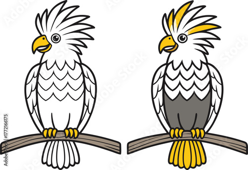 Colorful Cockatoo Bird Illustration. Exotic Cacatuidae Parrot Artwork. Tropical Cockatoo Bird Design. Beautiful Parrot with Crest Feathers. Wild Cockatoo Bird Drawing. Elegant Cacatuidae Bird