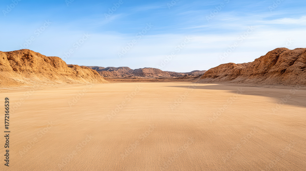Fototapeta premium Vast desert landscape with gentle curves and long shadows under clear blue sky