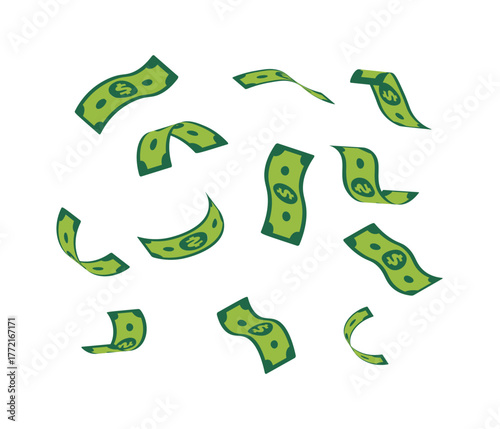 That image shows several animated green dollar bills floating, fluttering, or raining down, suggesting financial movement or abundance.