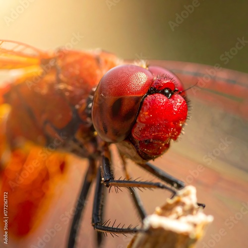 Close-up of a dragonfly with vibrant red eyes and intricate details
