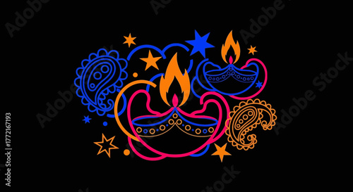 Colorful Diwali Diya Lamps with Paisley and Star Decorations on Black Background.