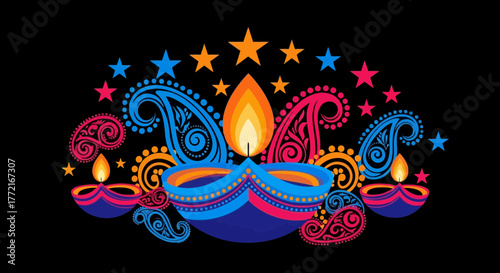 Vibrant Diwali Diyas with Paisley and Star Embellishments.
