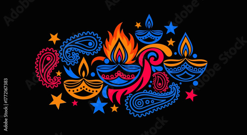 Vibrant Diwali Decoration with Paisley and Diya Lamps Illustration.