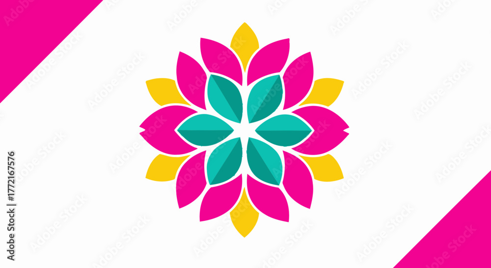 Fototapeta premium Vibrant layered floral mandala graphic with pink yellow and teal petals flat design.