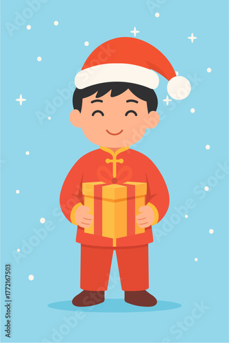 Chinese Boy in Traditional Outfit with Santa Hat Holding Christmas Gift in Flat Design Illustration