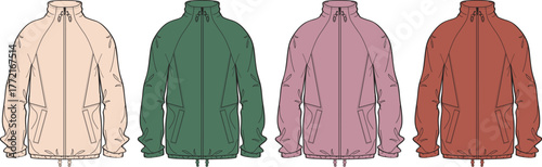 Vector flat fashion sketch of a unisex windbreaker jacket. Technical drawing of an anorak in multiple color variations, ideal for design and apparel production templates