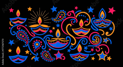 Vibrant graphic illustration of festive Diwali lamps paisley motifs and stars creating a joyful pattern.