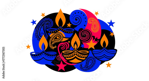 Colorful Diwali Diya Lamps with Paisley and Star Decorations.