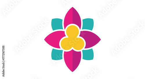Colorful stylized lotus flower with magenta and teal petals and a yellow center.