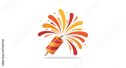 Vibrant red orange and yellow striped firecracker exploding in a festive burst.