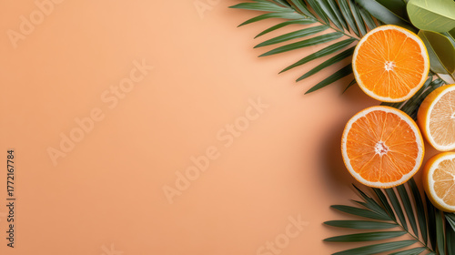 Fresh oranges and lemons with green leaves warm peach background create vibrant, tropical feel