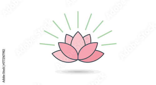 Stylized pink lotus flower illustration with a dark outline and radiating green light rays.