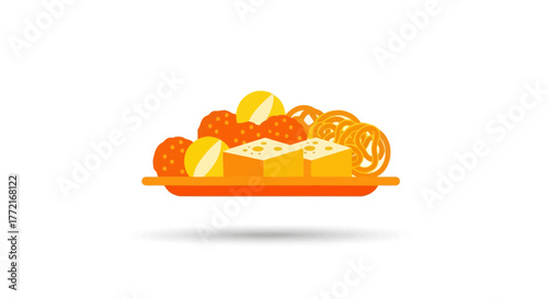 Vibrant Indian Sweets Assortment Ladoo Barfi Jalebi on Tray Flat Design Illustration.