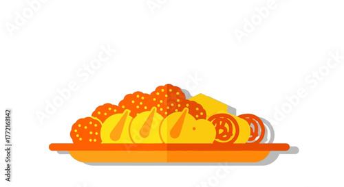Vibrant flat design food platter with assorted orange and yellow fried delicacies and bread.