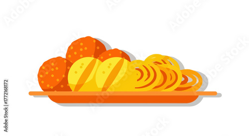 Colorful traditional Indian sweets platter with dotted orange Laddu and spiral yellow Jalebi on an orange tray.