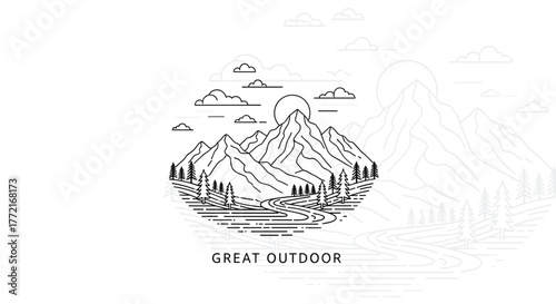 Minimalist line art illustration of a mountain landscape with trees, a winding road, and a sun under cloudy skies, evoking the great outdoors.