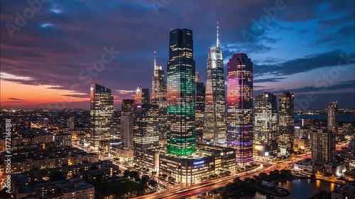 Wallpaper Mural Downtown skyscrapers illuminated at dusk in a modern urban landscape Torontodigital.ca