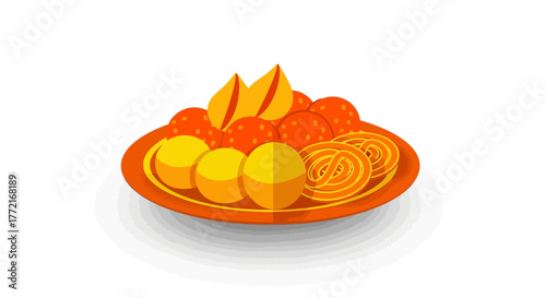 A vibrant platter of assorted Indian sweets featuring Laddu Jalebi and Sandesh in a colorful vector illustration.