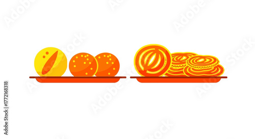 Vibrant Indian Sweets Laddu and Jalebi on Orange Trays.