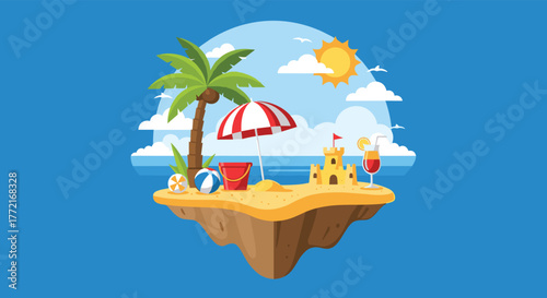 Idyllic tropical summer beach island floating in the air, featuring a palm tree, umbrella, sandcastle, and a refreshing drink, under a sunny sky.