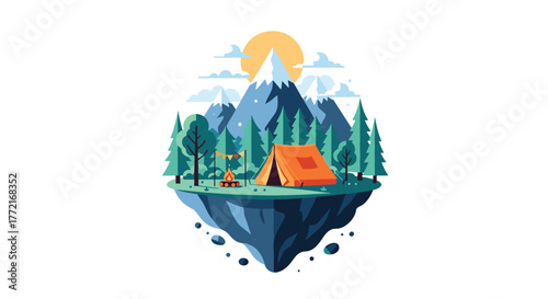 A whimsical illustration of a peaceful camping scene on a floating island, featuring mountains, forest, a tent, and a warm campfire under the sun.