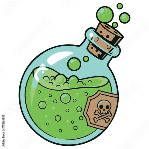 Green Bubbling Potion Bottle with Cork and Skull Label Illustration