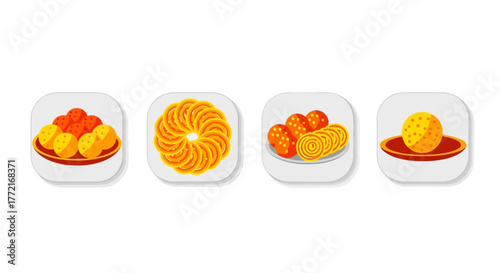 Assorted Indian Sweets Icons Laddu Jalebi Gulab Jamun and Motichoor Laddu.