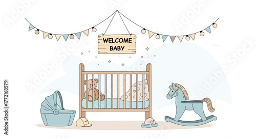 Cute baby nursery illustration with crib, rocking horse, and 'Welcome Baby' sign, perfect for baby shower invitations or new arrival announcements.
