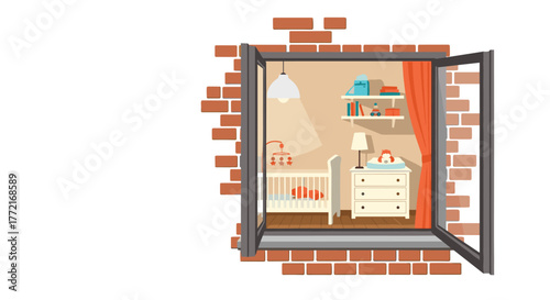 A cozy baby nursery with a crib, changing table, and shelves of toys, seen through an open window in a brick wall facade.