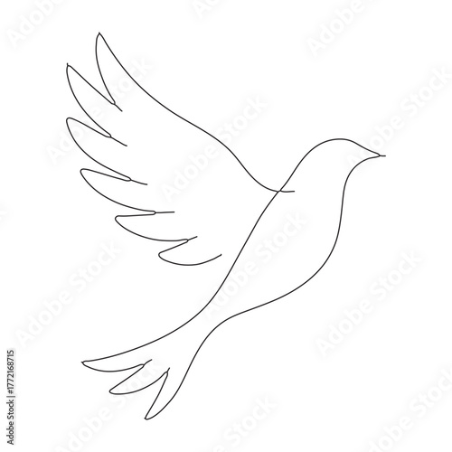 Minimalist single line drawing of a dove bird in flight isolated on white background