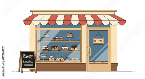 A cheerful cartoon illustration of a bakery storefront with a striped awning, display window full of delicious cakes, and a welcome sign.