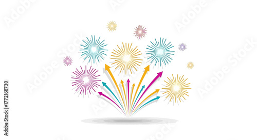 Colorful Bursting Fireworks and Upward Arrows Graphic.