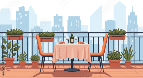 A romantic dinner setup for two on an urban balcony overlooking a modern city skyline with potted plants and a peaceful atmosphere.