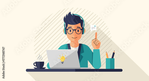 A young man with glasses and headphones working on a laptop, getting a creative idea, rendered in a modern flat design style with long shadows.