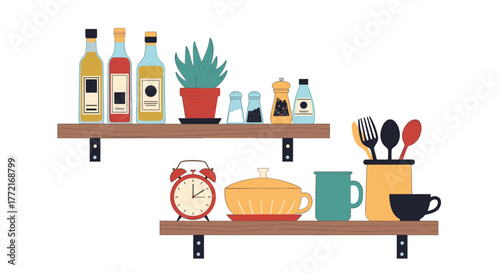 Kitchenware, pantry items, and home decor like bottles, spices, mugs, and an alarm clock neatly arranged on two rustic wooden shelves.