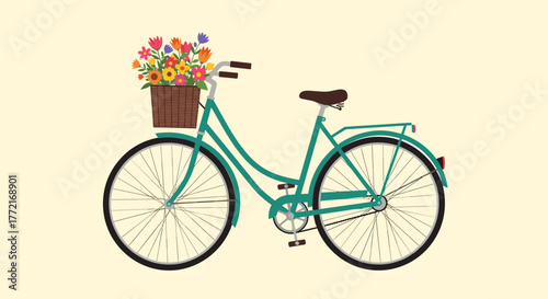 A delightful illustration of a vintage-style teal bicycle featuring a front basket filled with a vibrant assortment of colorful spring flowers.
