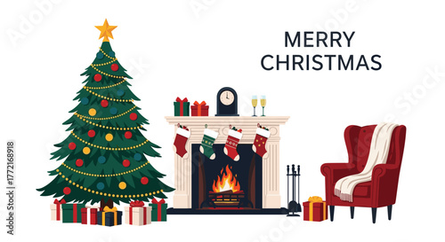 Cozy Christmas living room with a decorated tree, glowing fireplace, stockings, gifts, and a comfortable armchair.