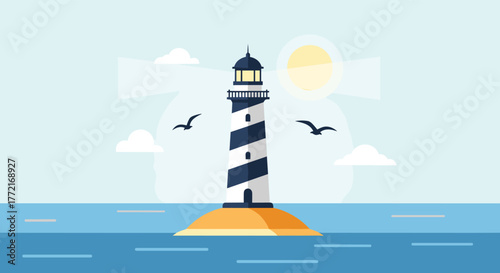 Classic striped lighthouse on a small island in the calm sea with seagulls and a sunny sky.