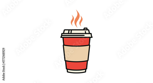 A simple and warm illustration of a steaming hot coffee cup with a red exterior and a protective beige sleeve, isolated on white.