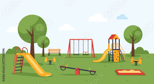 A brightly colored outdoor playground with slides, swings, a seesaw, spring riders, and a sandbox, set in a sunny park.