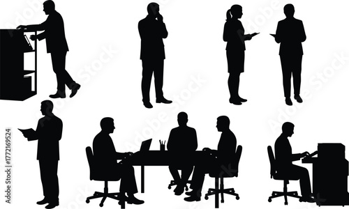 Black silhouettes of people in business attire engaged in office activities vector