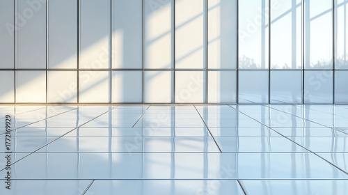 Bright, modern interior with reflective tiles and large windows casting shadows