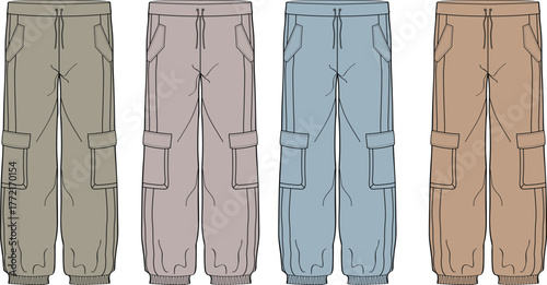 Fashion technical flat sketch collection of utility cargo pants with multiple pockets. Apparel design vector template showcasing a modern color palette