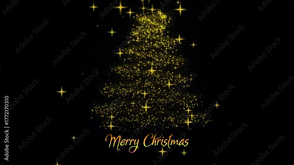 Christmas tree particle animation with golden star falling on black background. Trail forming sparkle christmas tree. Bokeh christmas tree- Bright line of twinkling lights forming a christmas tree.
