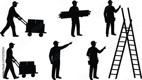 Black silhouettes of workers with tools boxes and ladders on white male person